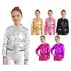 Kids Girls Stylish Clothing Long Sleeve Stand Collar Patchwork Style Zipper Closure Striped Edge Bronzing Cloth Outerwear