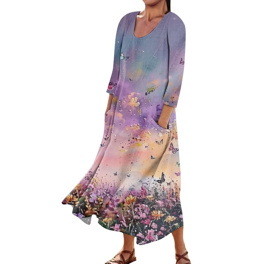Платье для женщин, весеннее повседневное модное платье в стиле бохо с рукавами 3/4 для праздника, большого размера