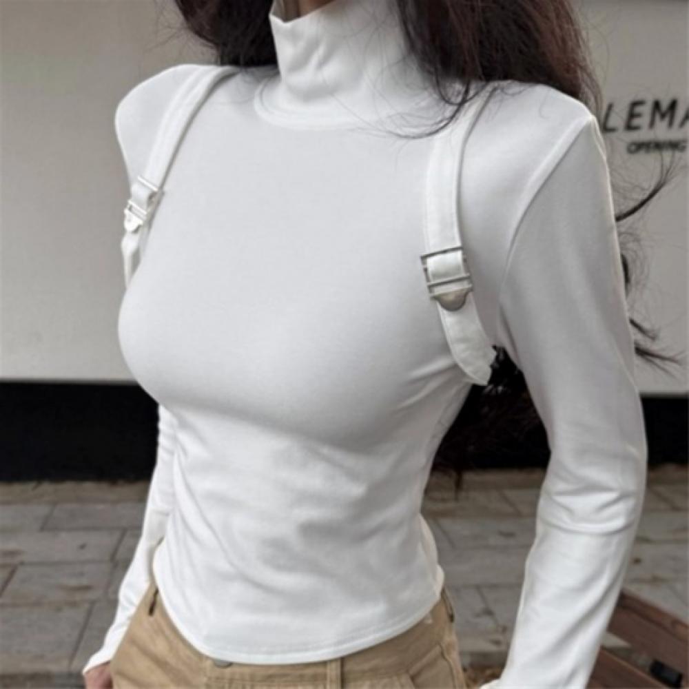 New Arrivals Open Run Women Unique Shoulder Strap Fleece High Neck Semi Crop Tsh