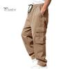 Men Cargo Pants Multi Pockets Drawstring Elastic Waist Solid Color Loose Wide Leg Straight Soft Streetwear Full Length Men Long