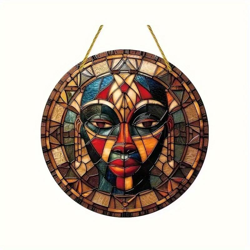 Wood Unique African Mask Circular Wooden Sign with Artistic Design, Suitable for Door, Wall, Home, Room, Farmhouse, Street, Shop, Garage, Bar, Garden