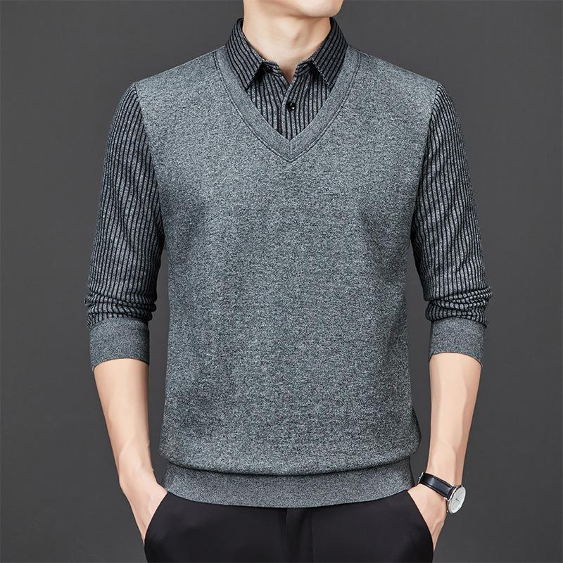 Fake Two-piece Sweater Men's Shirt Collar Long-sleeved Men's Velvet Thickened Winter Warm Top Bottoming Men's Sweater