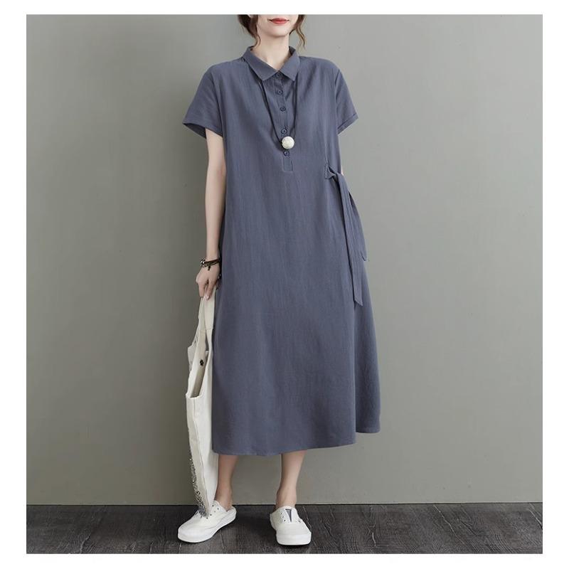 Женское однотонное платье из хлопка и льна с лацканами и короткими рукавами