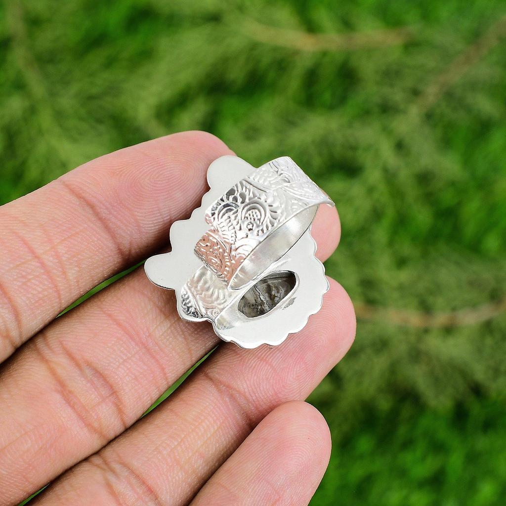 Natural Plume Agate Gemstone Multi Stone Adjustable Ring 925 Silver For Girls