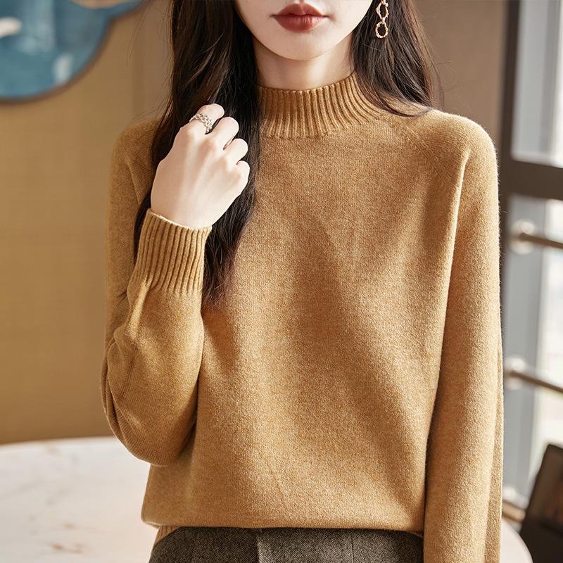 Женский очень толстый бесшовный вязаный свитер - Цельный, с полувысоким воротником, длинным рукавом, свободного кроя, облегающий базовый слой, дизайн 2025