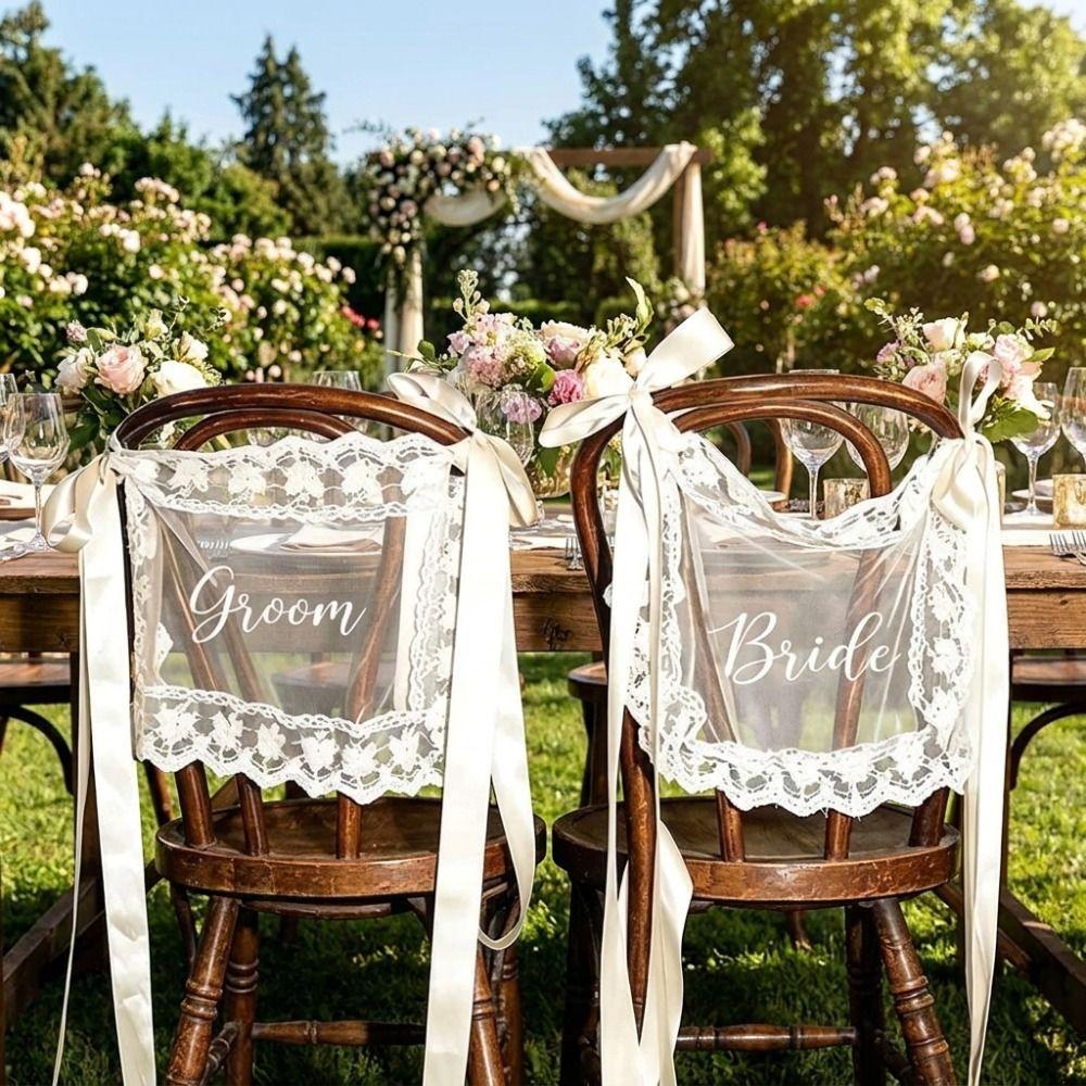 2PCS Creative Wedding Chair Back Lace Cover French Romantic Wedding Chair Banners Wedding Decor