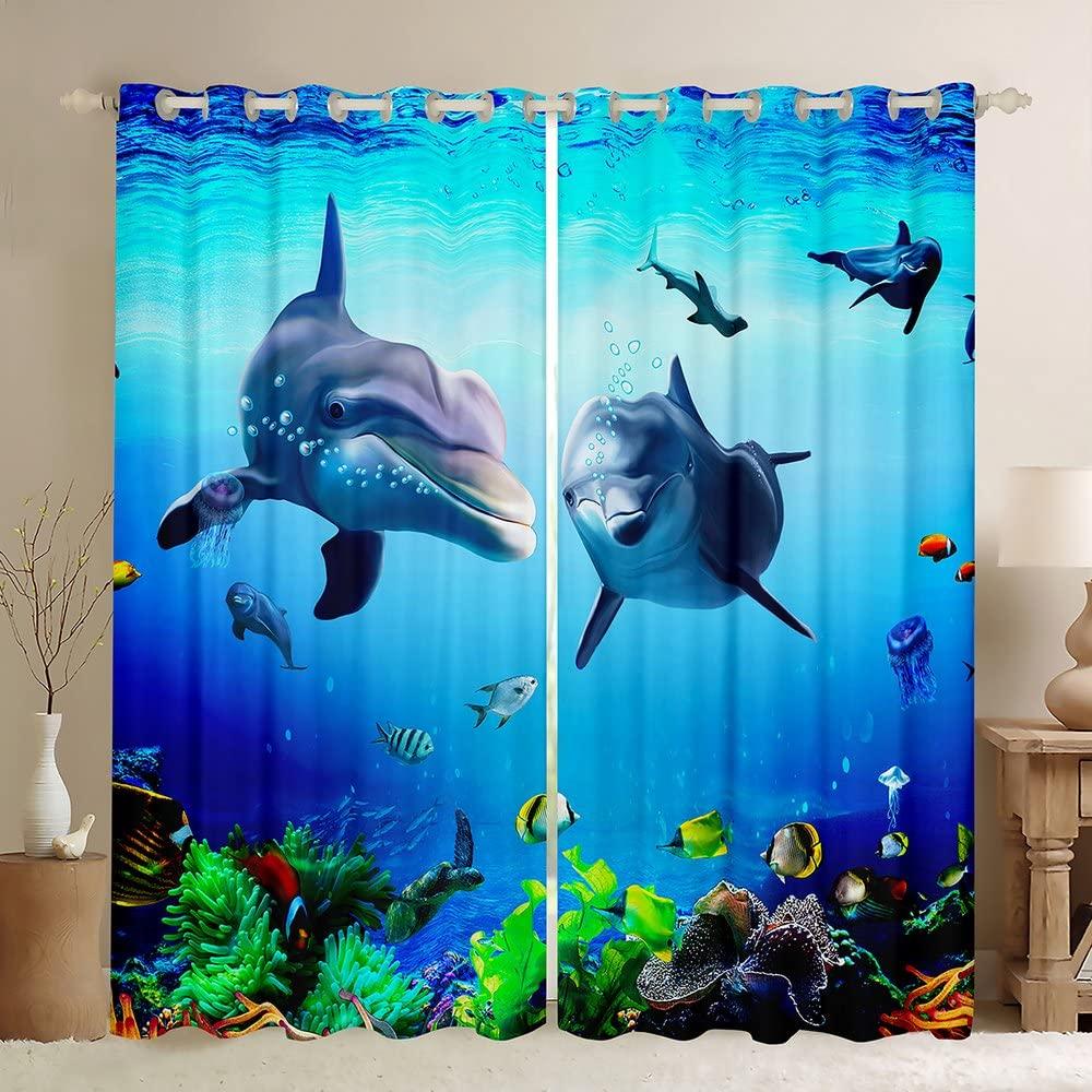 Cute Cartoon Dolphin Curtains Grommet Light Filtering Window Print Pattern Sea Animal Theme Curtain Bedroom Living Room 2 Panels