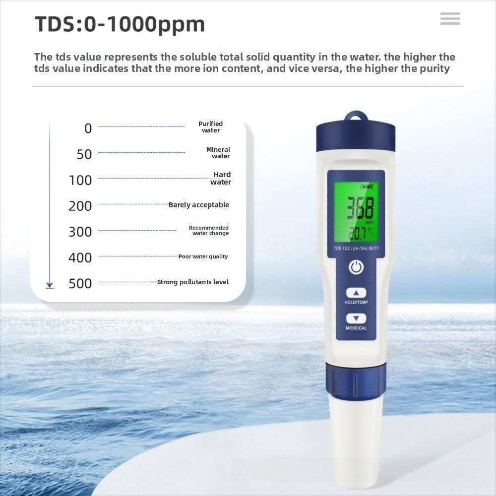 Multi-Parameter Water Quality Tester 5 in 1 Salinity Meter Digital TDS Meter for Hydroponics