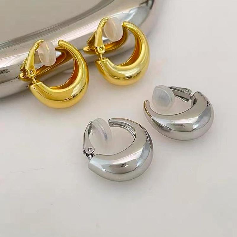 New Gold Round Chunky Clip on Earrings for Women Smooth Metal Thick Non Pierced Hoops Fashion Trendy Brincos Jewelry