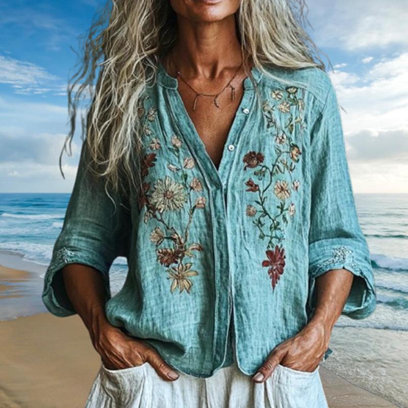 Повседневная рубашка с V-образным вырезом, озерно-голубая, с вышивкой, длинным рукавом, из другой страны - Хит продаж в TikTok