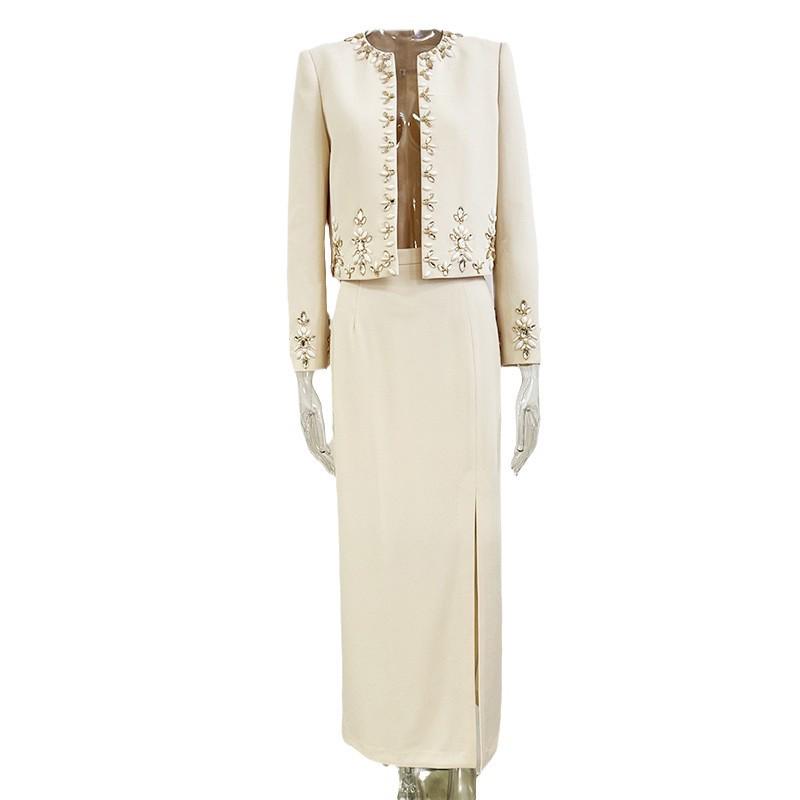 2025 New European & American Beaded Cardigan Jacket & Slit Midi Skirt Set