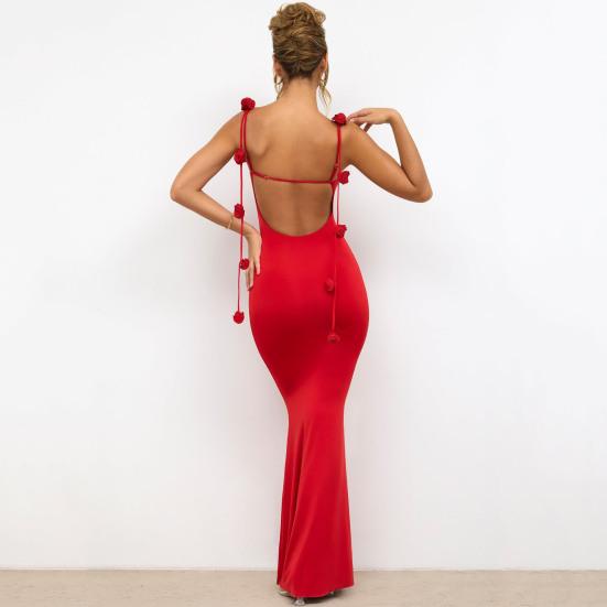 Женское вечернее платье с 3D-декором в виде розы, на тонких бретельках, без рукавов, с открытой спиной и V-образным вырезом