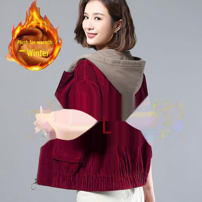 Women's Large Hooded Corduroy Jacket - Arctic Velvet, Autumn/Winter, Loose Fit, Korean Style, Perfect for Middle-aged Moms