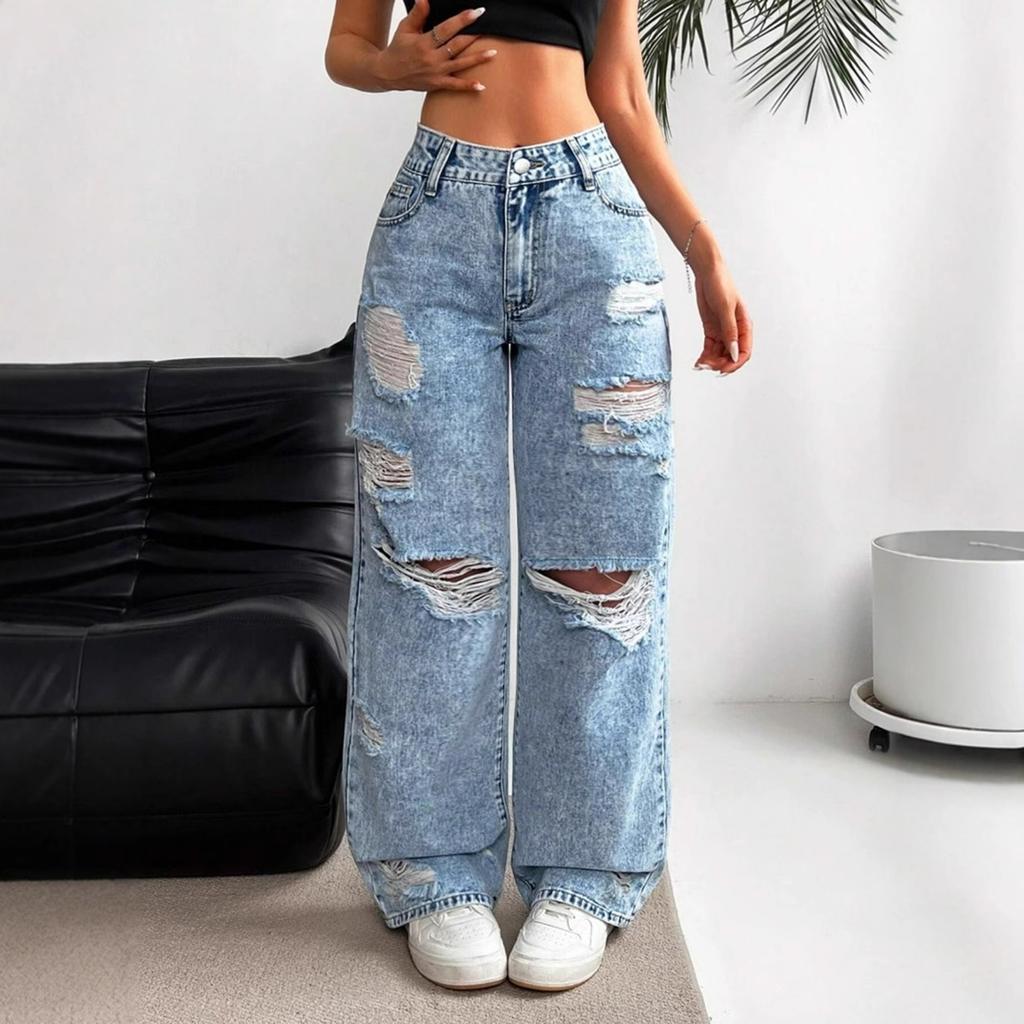 Women's High Waist Washed Women's Jeans Fashionable Versatile Straight Leg Pants