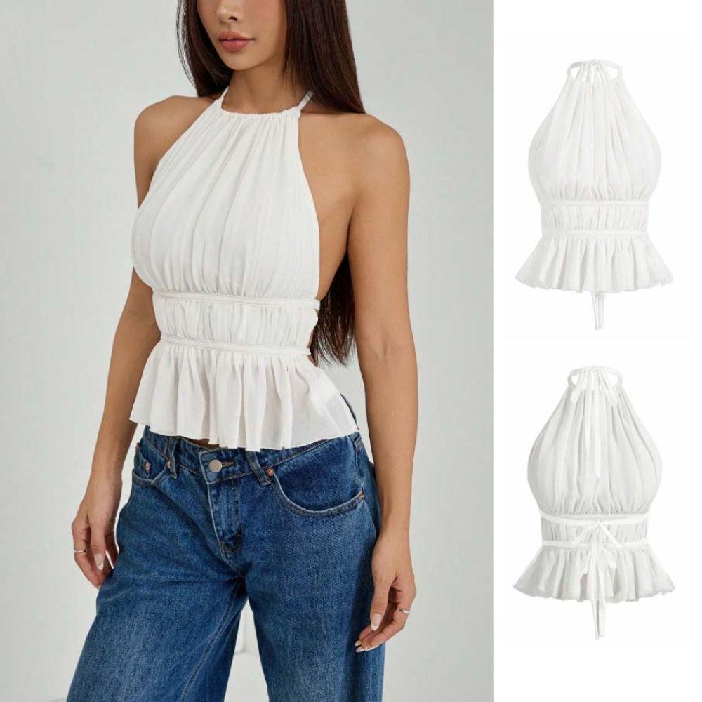 Sleeveless Chiffon Vest Tops Pleated Women's Crop Top Ins Style Lace-up Camisole  Beach