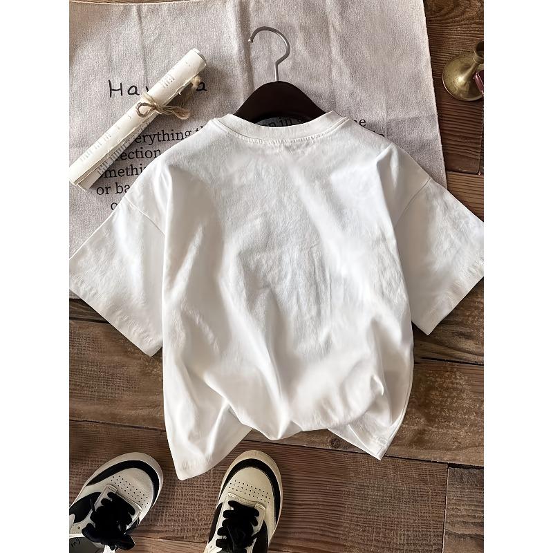 Женская белая футболка с цветочным принтом, европейский размер - Мягкая, дышащая, с коротким рукавом, с круглым вырезом, свободный крой