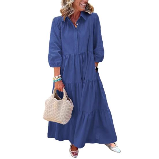 Women's 3/4 Sleeve Maxi Dress Button Up Lapel Swing Dress with Pockets A-line Ruffles Tiered Beach Sundress