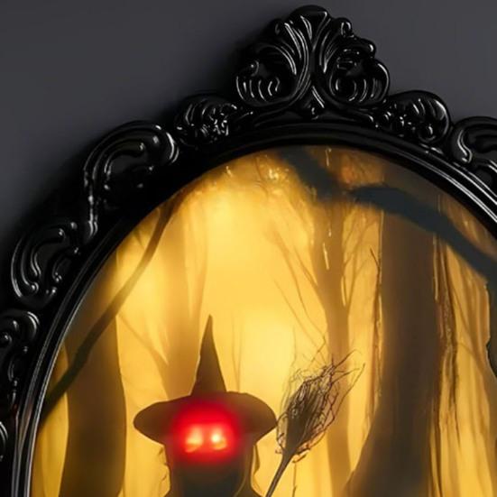 Witch Hologram Wall Mirror Spooky Halloween Glowing Ghost Mirror with Creepy Eyes for Indoor Bathroom Haunted House Decor