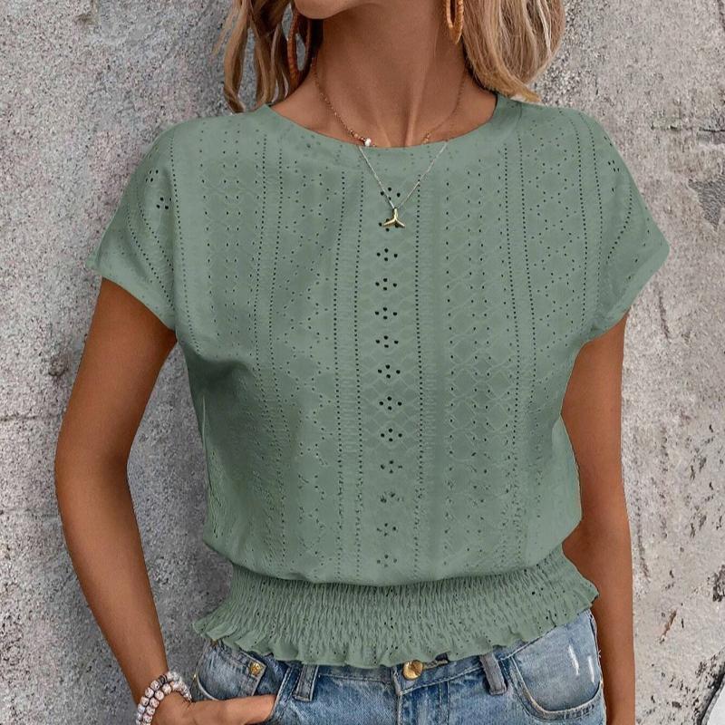 Летняя повседневная блузка с круглым вырезом из жаккарда с коротким рукавом, милые свободные женские рубашки, топы, элегантные однотонные узкие белые блузки для отпуска 26365