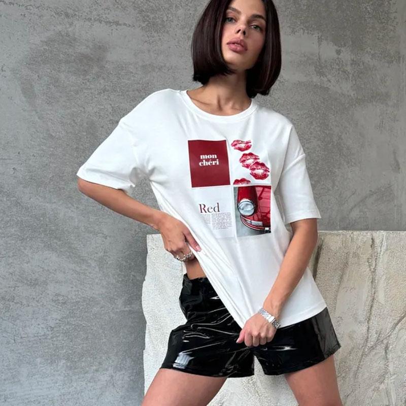 Printed Top Cotton Short Sleeved Round Neck T-shirt Women's Loose Fitting Pullover Versatile Daily Dressing Summer 2025 New Fashion