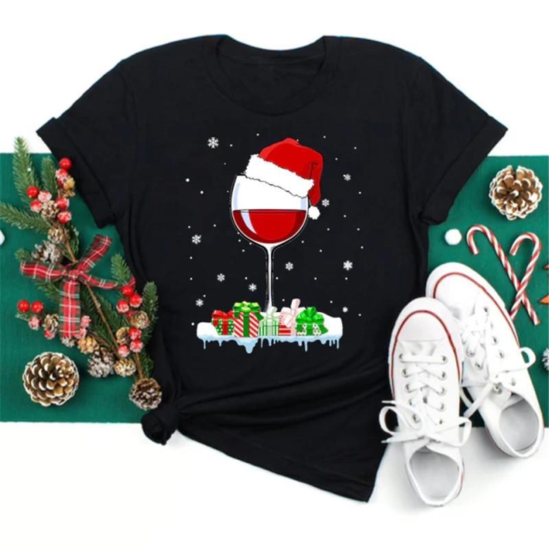 Polyester 100% New Christmas Happy Christmas Tree Santa Claus Casual and Fashionable Round-neck Short-sleeved Women's Base Tops