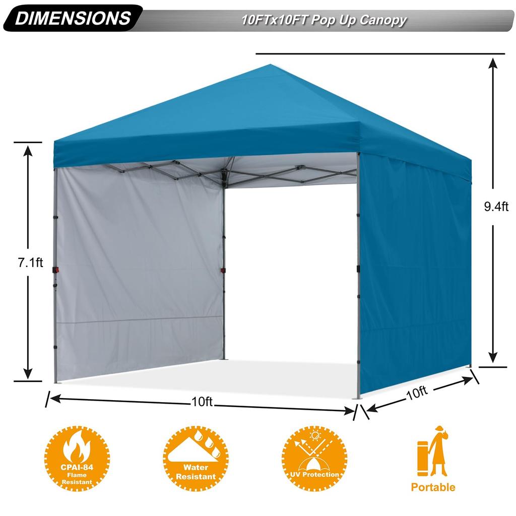 ABCCANOPY Pop Up Canopy Tent with 2 Sidewalls for Outdoor Sun Shade and Rain Protection 10x10 Turquoise