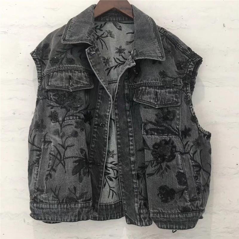 Womens Denim Sleeveless Vest 2026 Loose Fit Vintage Distressed Embroidered Sequin Streetwear Top