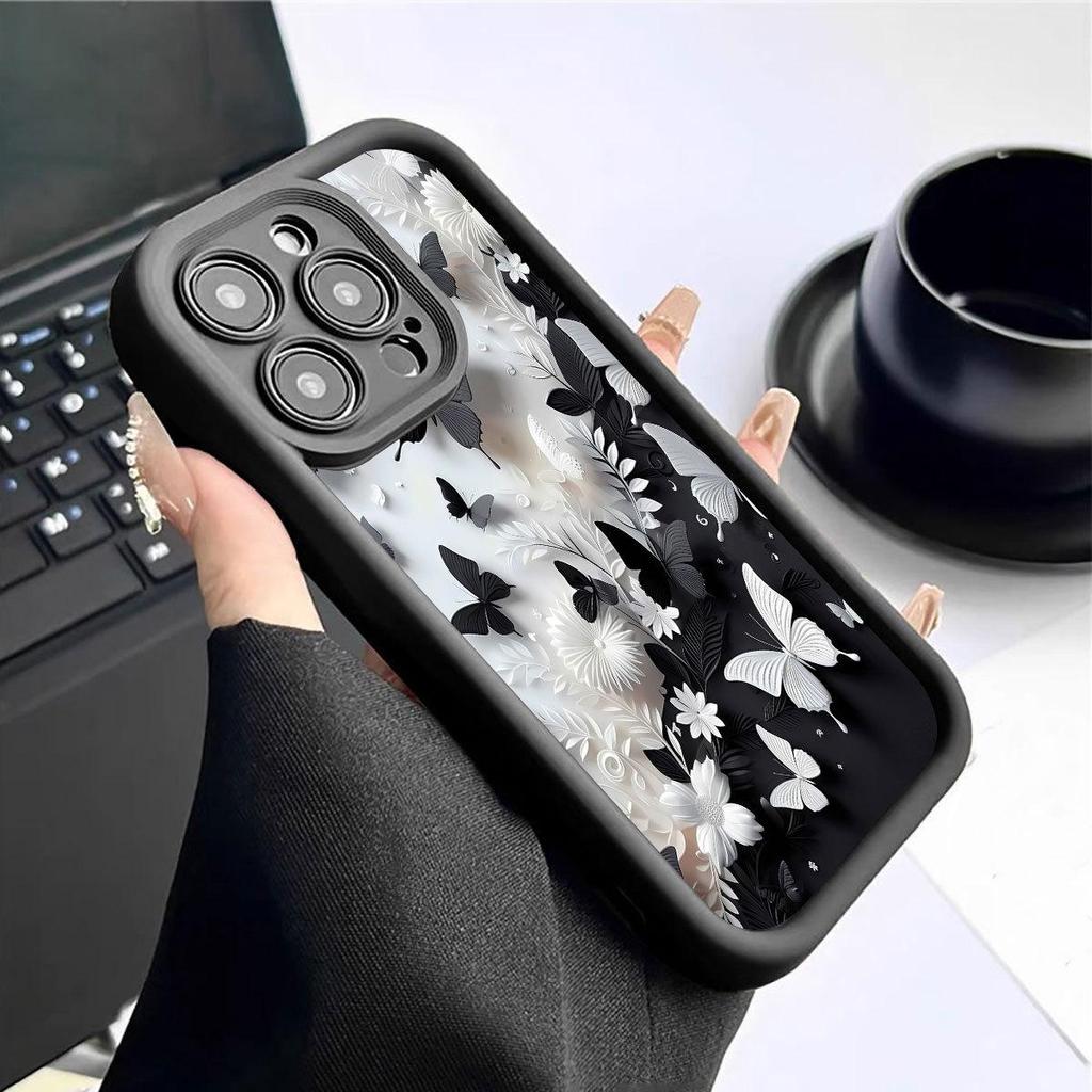 Черно-белый чехол для iPhone с узором «Бабочка» для 15/16/17 Pro Max - Новый стиль Защита от ступенек