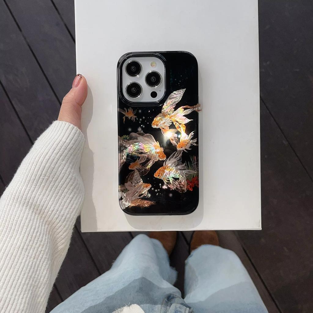 Высококачественный чехол для телефона с золотой рыбкой Кои на удачу для iPhone 17 Air 16 e 15 14 13 12 11 Pro Max Plus Mini SE Красивый блестящий чехол