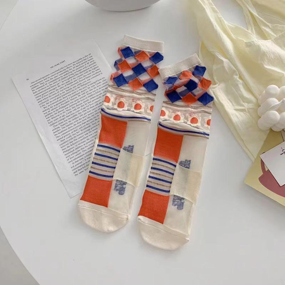 Sweet Floral Print Mid-calf Socks Ultra-Thin Crystal Silk Socks Casual Wear