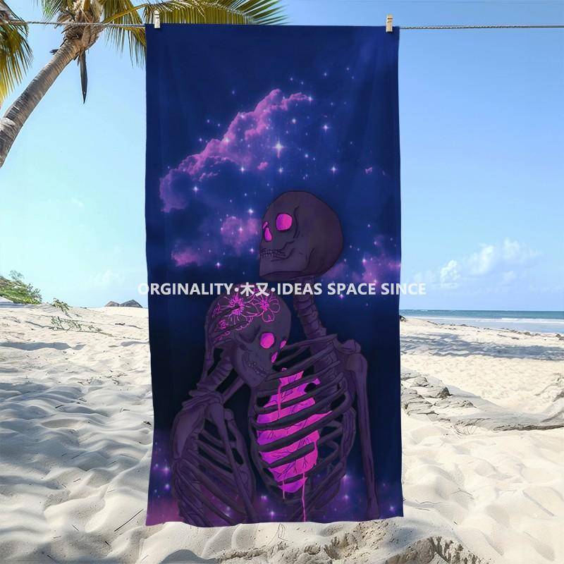 Gothic Skeleton Lovers Galaxy Beach Towel Patterned Sunscreen And Windproof Suitable For Swimming Pool Camping Travel