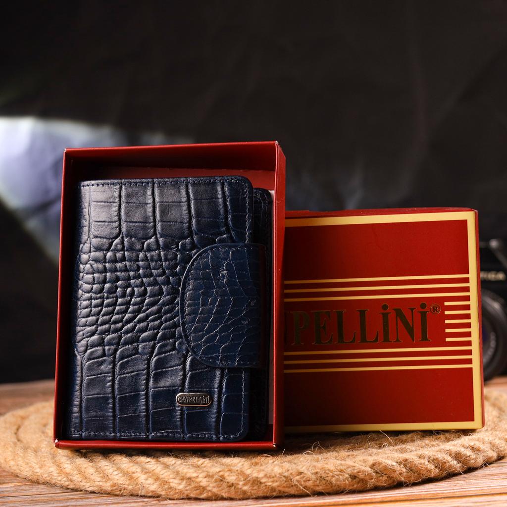 Практичный вертикальный Женский кошелек из натуральной кожи с тиснением под крокодила CANPELLINI Wallet 21677 Синий