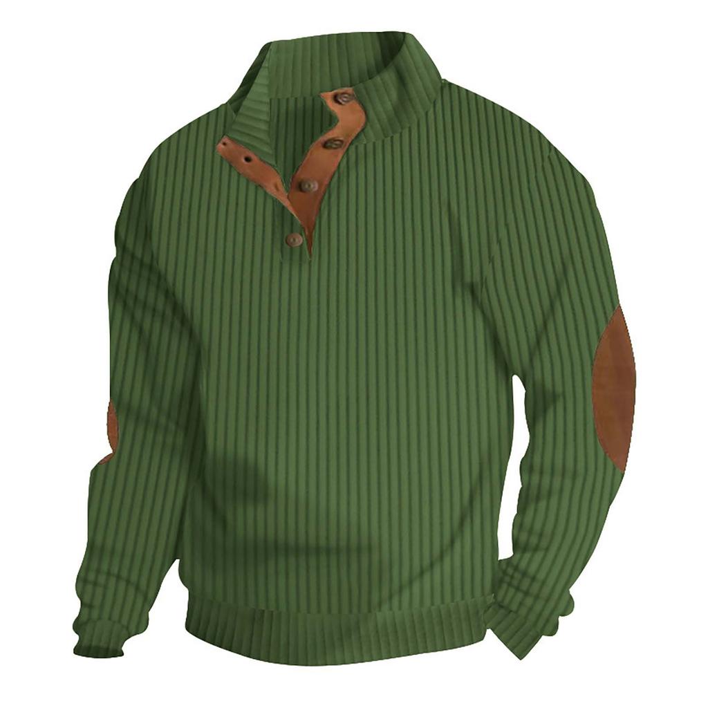 Men's Quilted Sweatshirt Casual Corduroy Quarter Button Up Pullover Long Sleeve Stand Collar