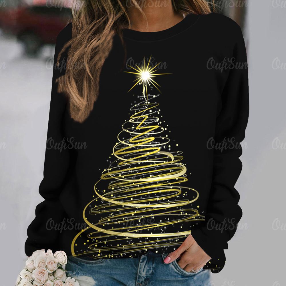 Женская футболка с принтом «Рождественская елка», праздничная одежда для женщин, осенние свободные топы с круглым вырезом и длинными рукавами, женский пуловер в стиле Харадзюку