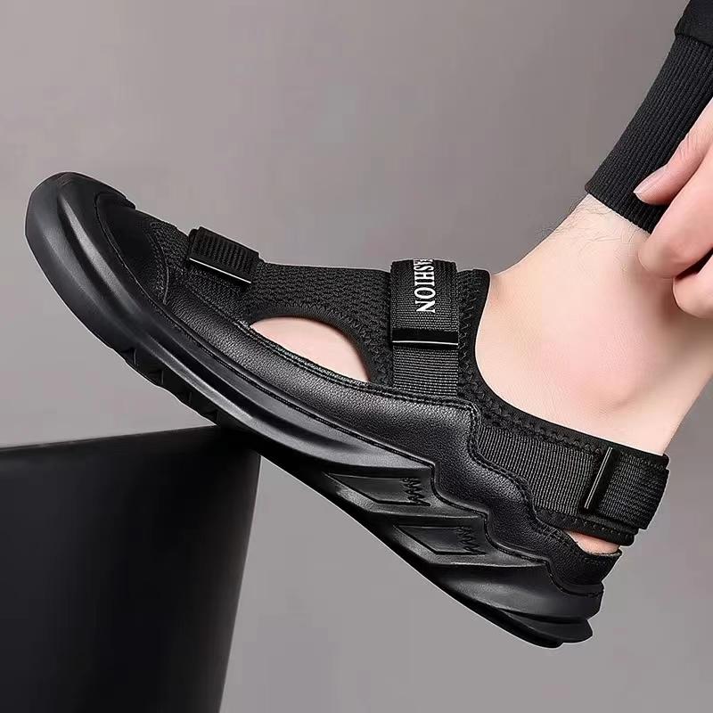 Summer Sandals for Men Black Fashion Baotou Slippers Large Size Soft Sole 2024 New Mesh Sandalias Breathable Outdoor Beach Shoes