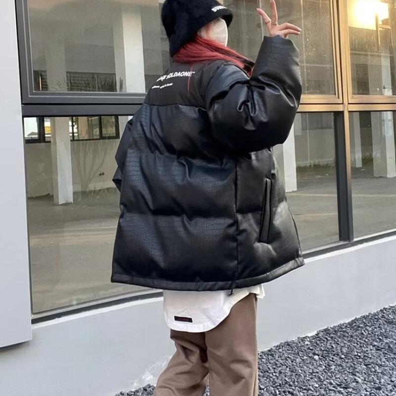 Женская винтажная куртка из искусственной кожи, хлопковая парка, черная толстая теплая зимне-осенняя куртка из искусственной кожи большого размера, верхняя одежда в корейском стиле