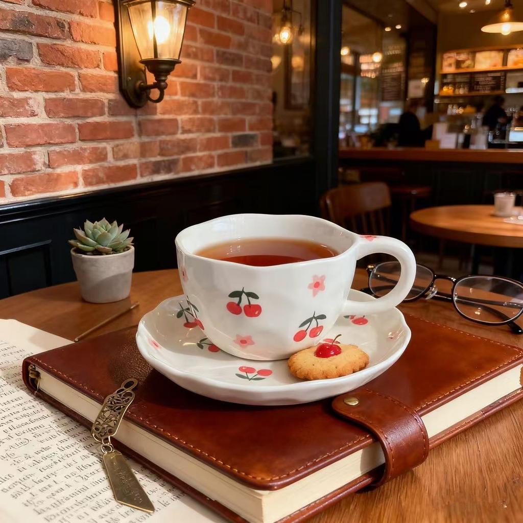 Керамический кофейный набор (чашка и блюдце) в корейском стиле с ручной лепкой и цветочным узором - Ручная роспись, идеально подходит для послеобеденного чая