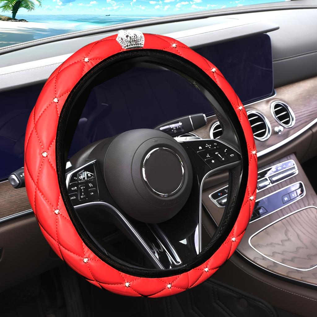 Блестящая кожаная оплетка на руль с бриллиантовой инкрустацией для женщин - Мягкая, удобная, без внутреннего кольца, подходит, черная с акцентами из стразов