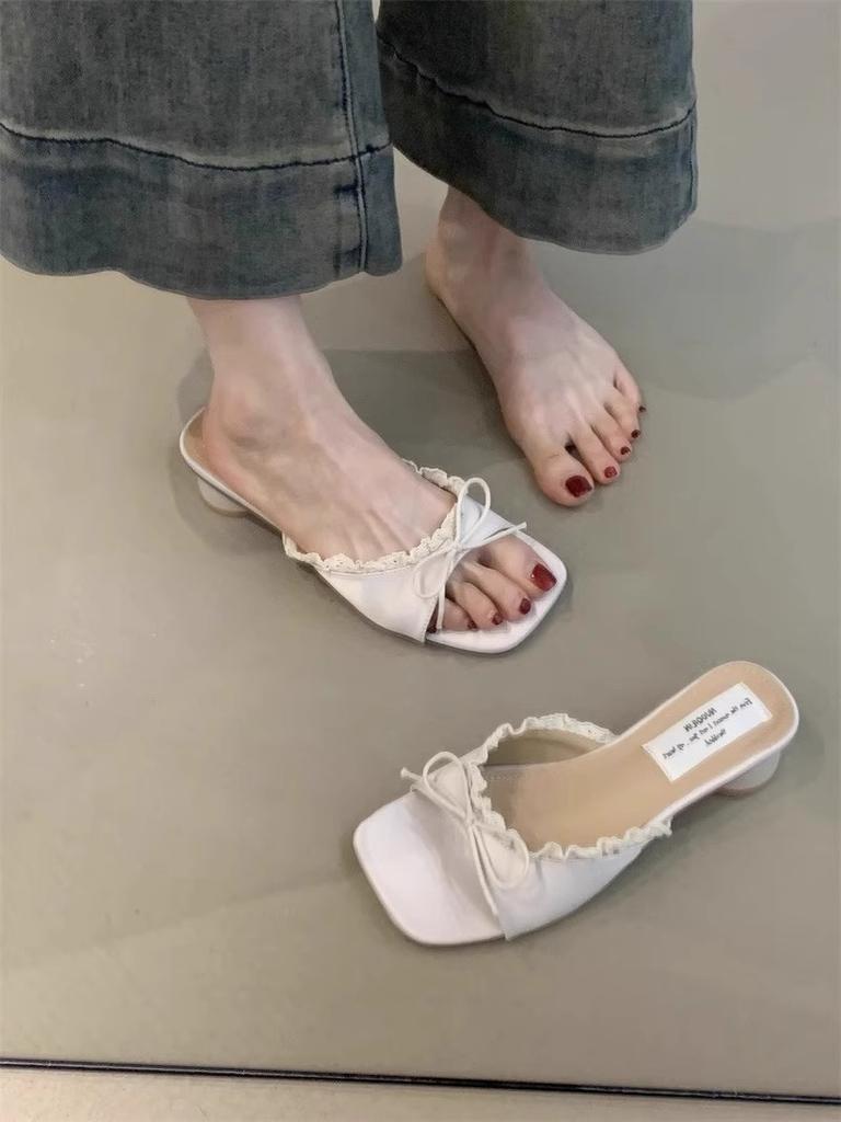 Bow Square Heel Cool Slippers Women's Outer Wear Summer New Versatile Temperament Elegant Thick Heel One-word Drag