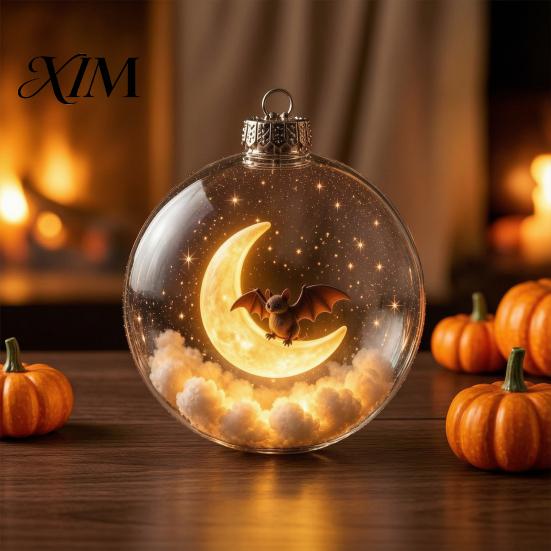 Halloween Hanging Ornaments Ball Ornament, Clear Sphere Decoration with Black Cat Bat Crescent Moon Skeleton, Festive Bauble for Home Party Tree Decor