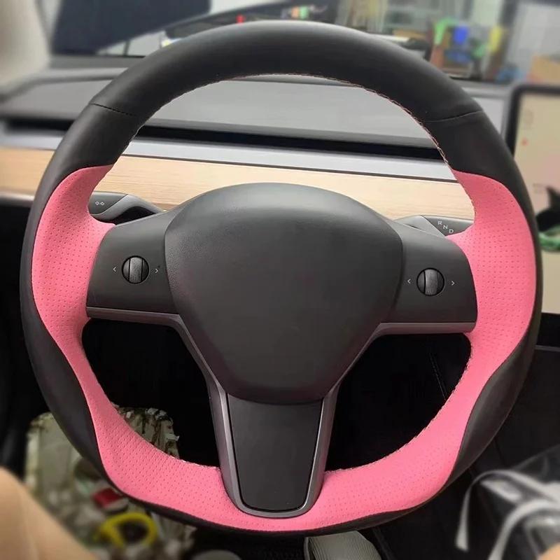 Custom DIY Car Steering Wheel Cover Carbon Fiber Suede Leather For Tesla Model 3 2017 2018 2019 2020 Car Interior Accessories