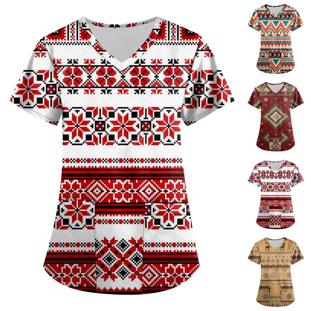 Women's Ethnic Printed Short Sleeve V-neck Tops Working Pocket Blouse