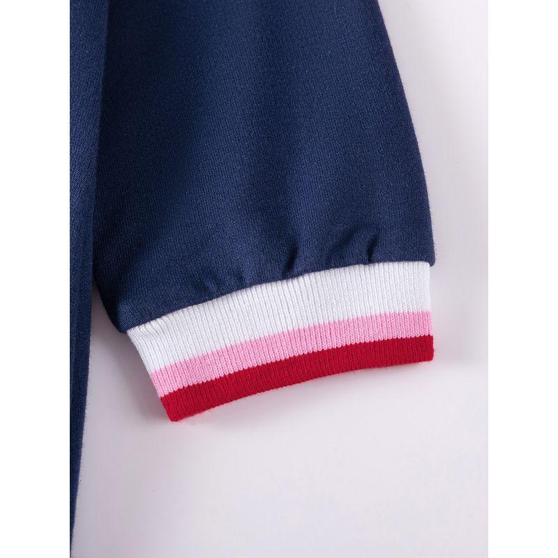 Платье для девочек Весна и Осень 2025 Новое Стильное Детское Темно-синее с Вишнями Средней Длины Повседневное Худи-Платье