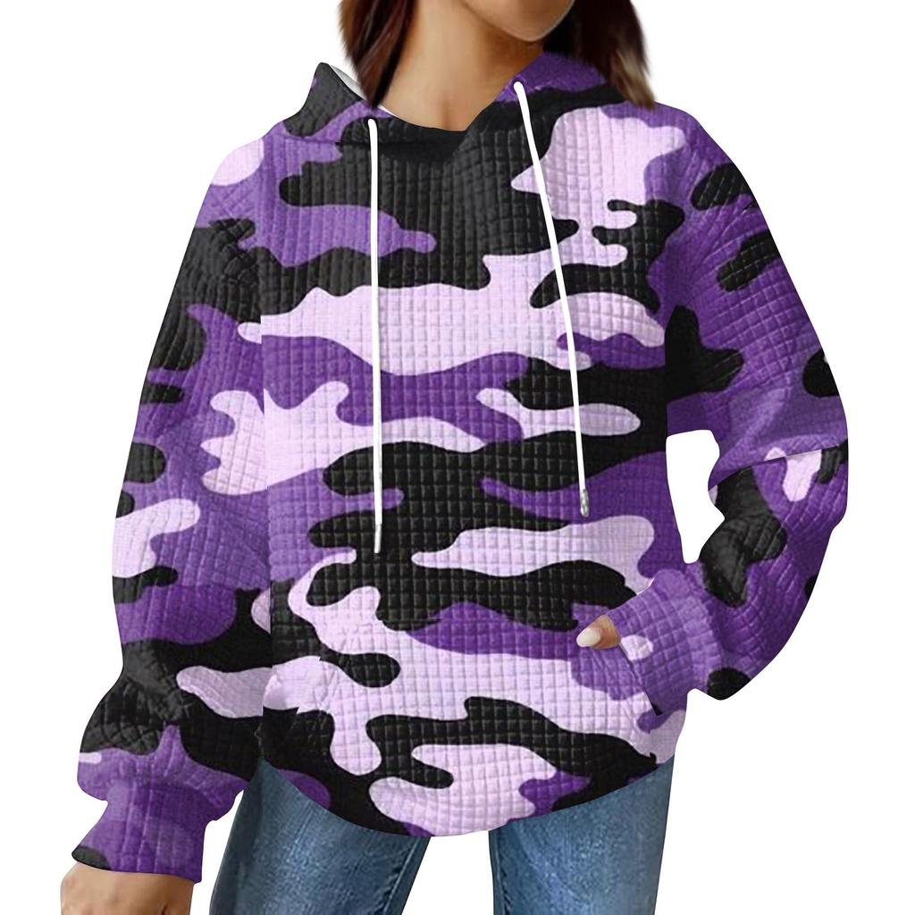 Women's Fashionable Loose Fitting Hooded Pullover, Long Sleeved Sportswear, Camouflage Printed Top, Daily Hoodie
