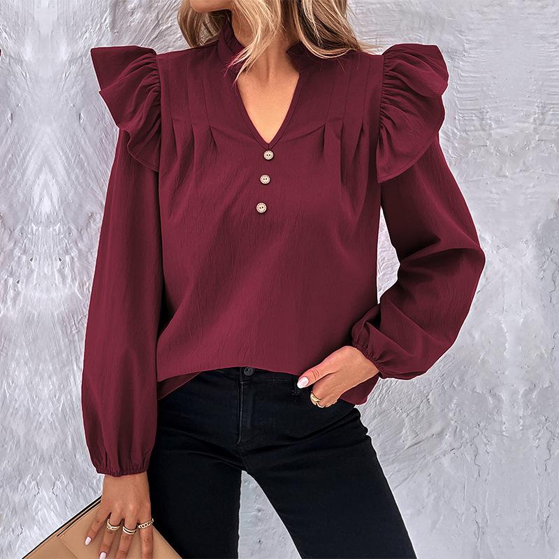 YYFS Women's Fashion Casual Solid Color Print Long Sleeve V-Neck Blouses & Shirts