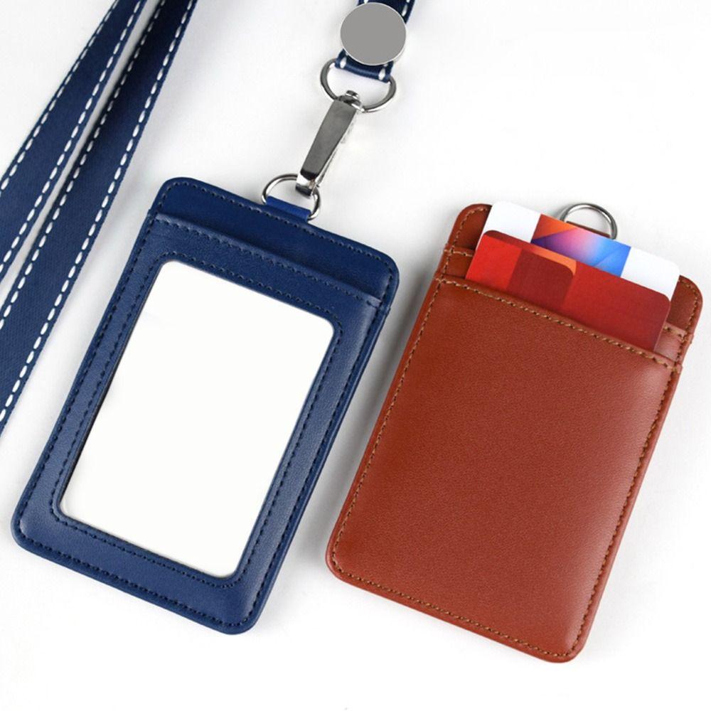 Leather With Lanyard Three Card Position Card Badge Holder Key Chain Card Bag ID Lanyard Name Tag