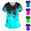Plus Size Flower Printed Scrub Working Uniform Tops For Women Cross V-Neck Short Sleeve Fun T-Shirts Workwear Tee With Pockets