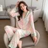Two-Piece Pajama Set Female Cardigan Home Wear Floral Pattern Long Sleeve Fancy Underwear Sexy Nightwear Women Sleepwear