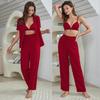 Women’s Sleeping Suits Rayon Pajamas 3 Pieces Set Short Sleeves Button Top Long Pants Comfy Bra Spring Summer Home Wear Lounge Suit Nightwear