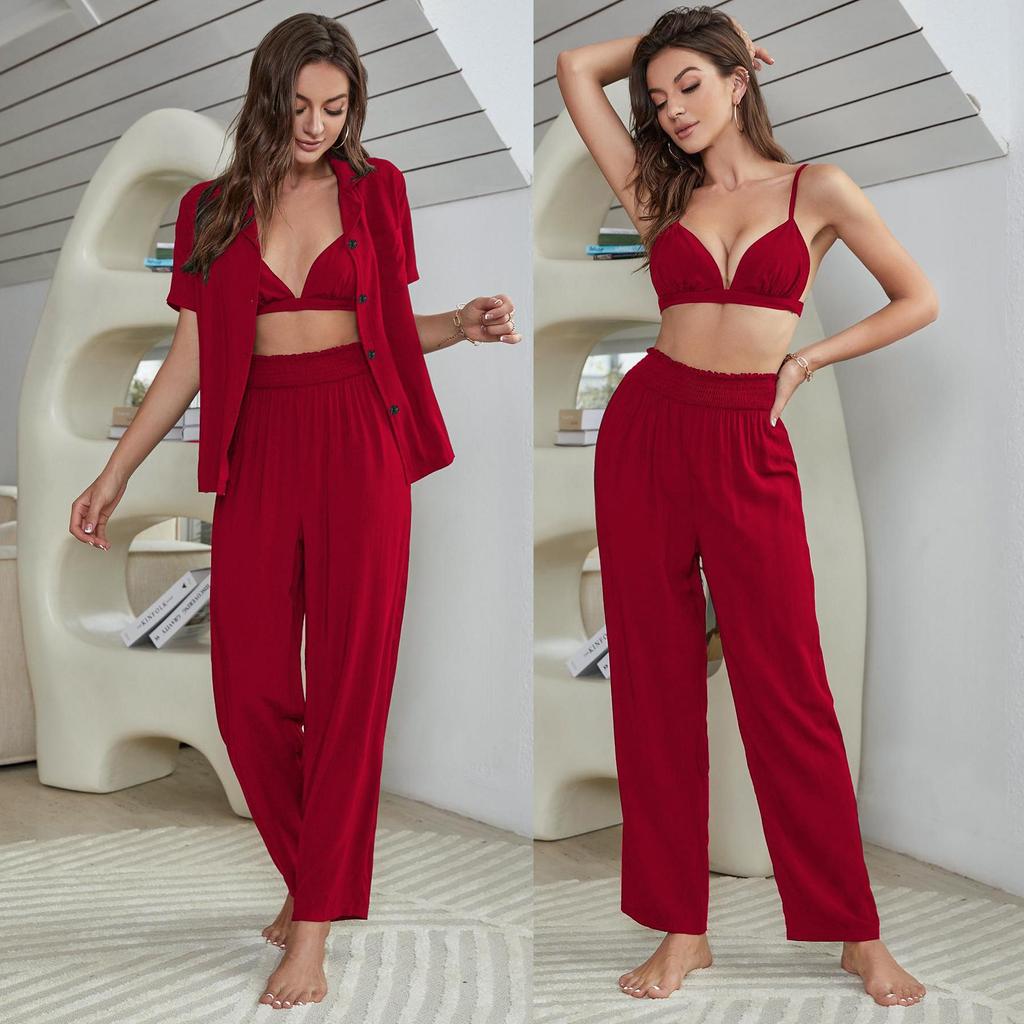 Women’s Sleeping Suits Rayon Pajamas 3 Pieces Set Short Sleeves Button Top Long Pants Comfy Bra Spring Summer Home Wear Lounge Suit Nightwear